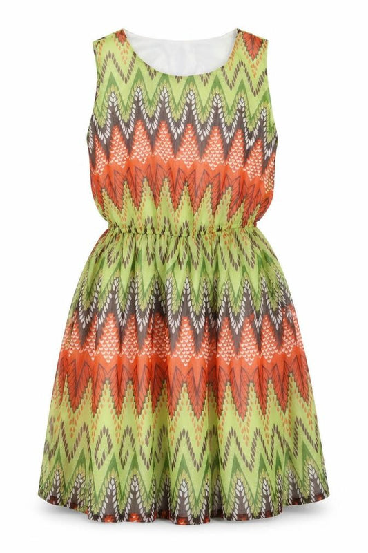 Front view of Soda women’s green geometric polyester a-line, size UK 10, crew neck pullover