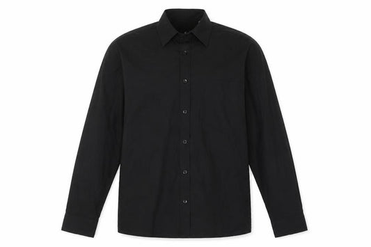 Front view of Premier men’s black polyester button-up, size 16, collared button