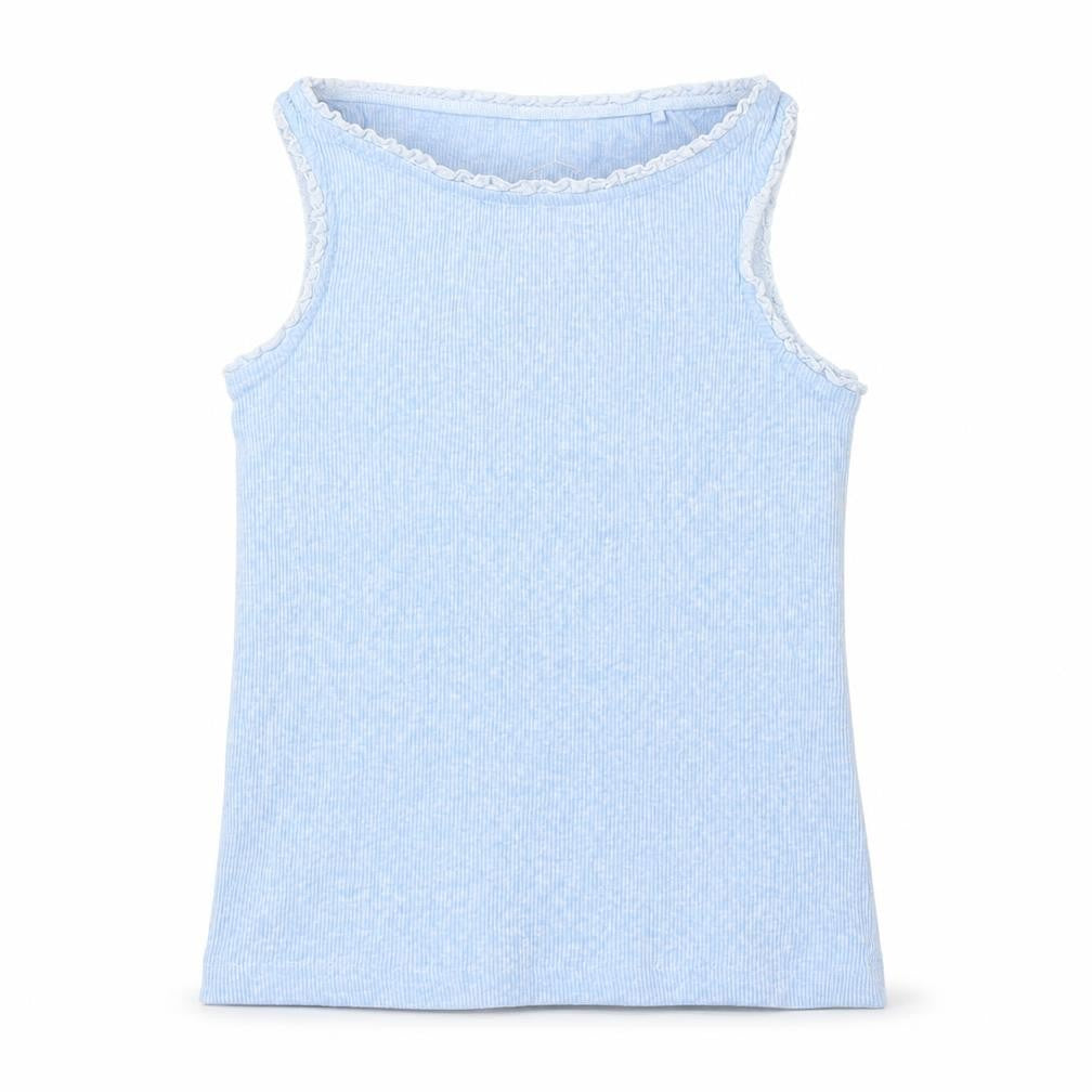 Front view of Next girls’ blue cotton basic tank, size 5, years round neck pullover