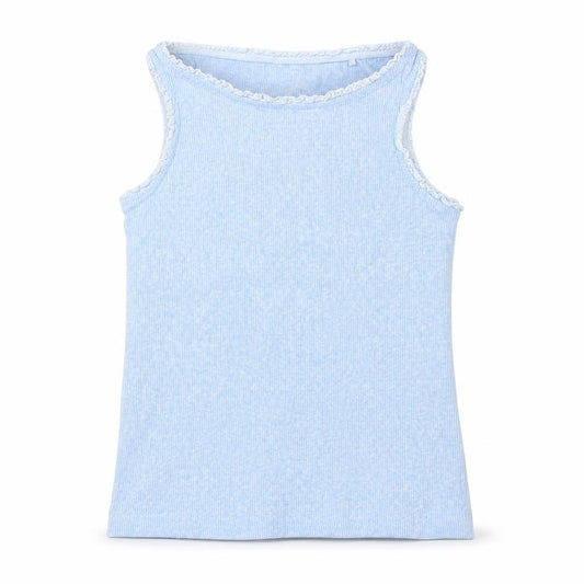 Front view of Next girls’ blue cotton basic tank, size 5, years round neck pullover