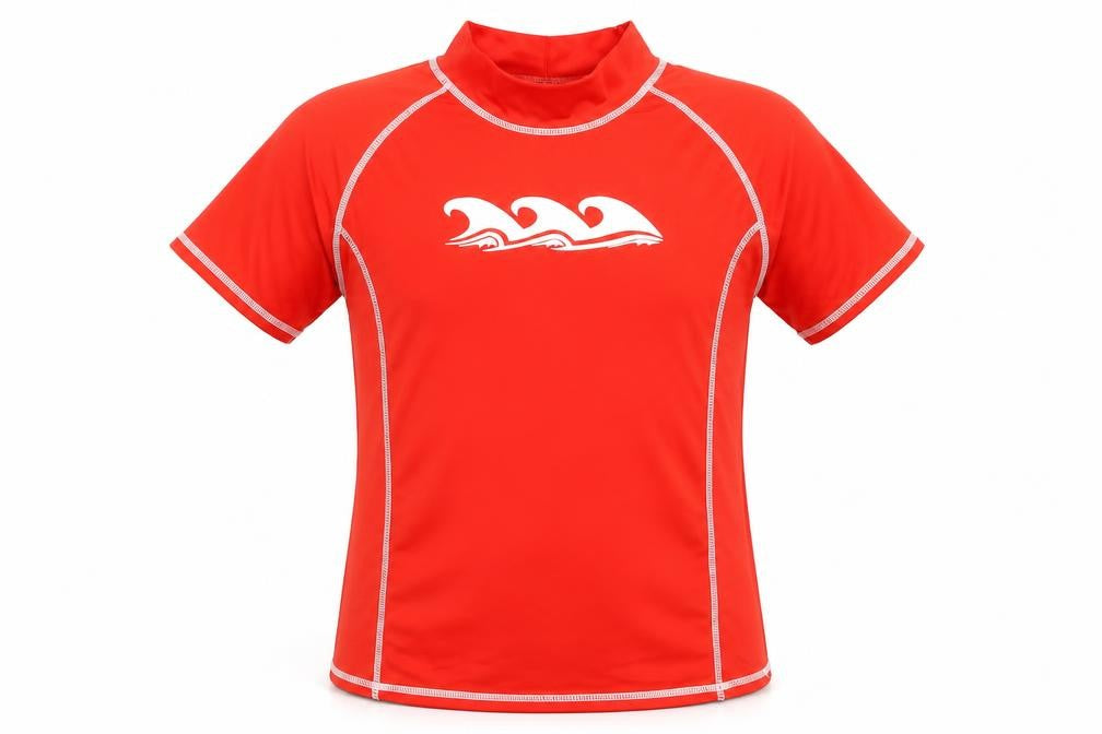 Front view of Crane girls’ red polyester basic t-shirt, size 11-12, years mock neck