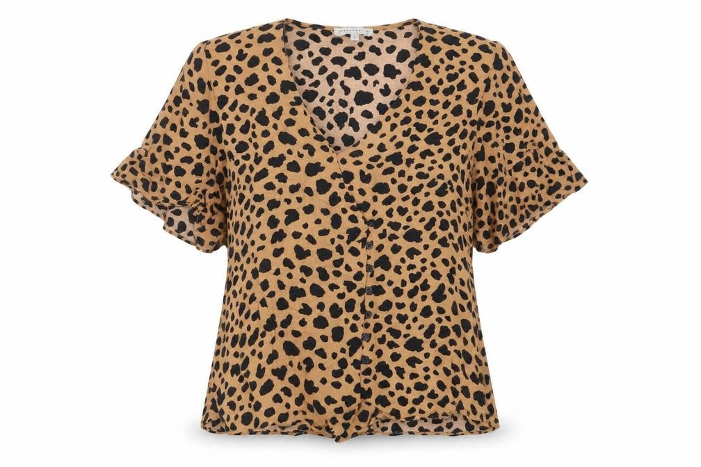 Front view of Warehouse women’s beige animal print viscose basic blouse, size UK 12, collared