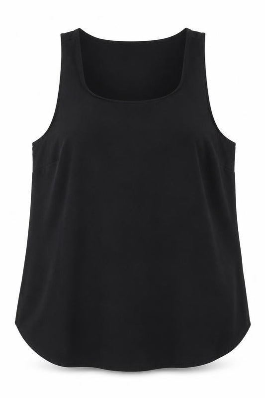 Front view of Primark women’s black polyester basic tank, size UK 6, round neck