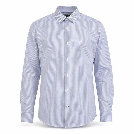 Front view of Burton men’s blue striped polyester button-up, size S, collared button
