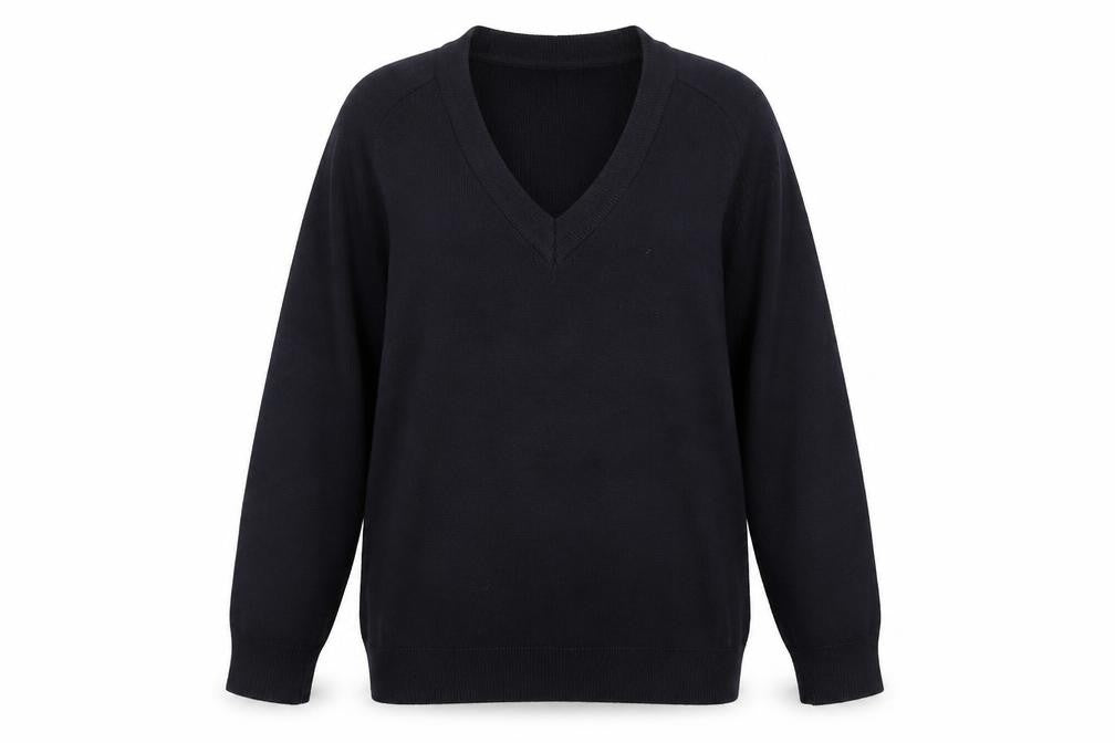 Front view of Migicfit women’s blue v-neck cotton jumper, size UK 6