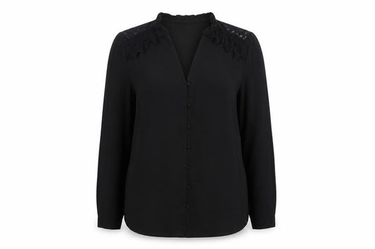 Front view of Primark women’s black polyester basic button-up, size UK 12, v-neck