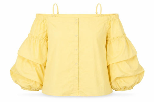 Front view of Vera Moda women’s yellow viscose basic blouse, size M, boat neck