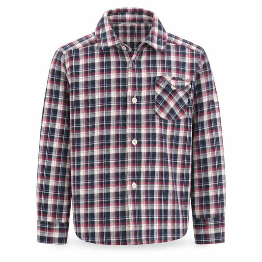 Front view of Bienzoe boys’ red plaid cotton basic button-up, size 5, years collared button