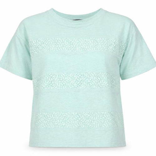 Marks and Spencer Womens Green Striped Polyester Blend Basic T-Shirt Size 10 Round Neck - lace detail