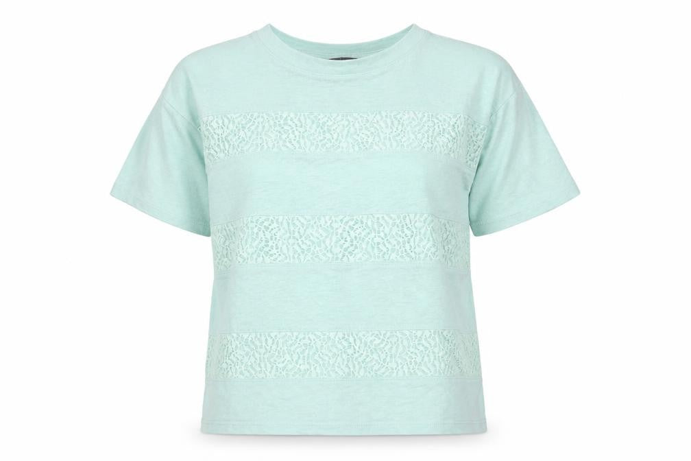 Marks and Spencer Womens Green Striped Polyester Blend Basic T-Shirt Size 10 Round Neck - lace detail