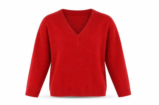 Front view of ASOS women’s red v-neck acrylic jumper, size UK 6