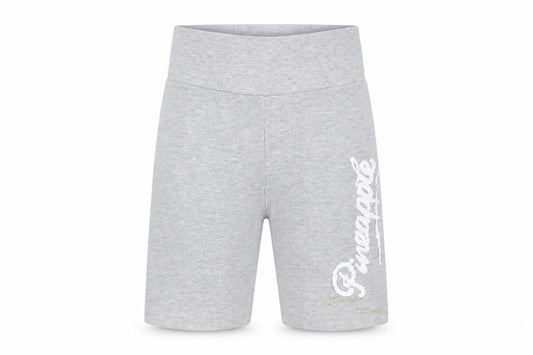 Front view of Pineapple dance studios women’s grey polyester biker shorts, size XS, 7-inch leg extra-slim