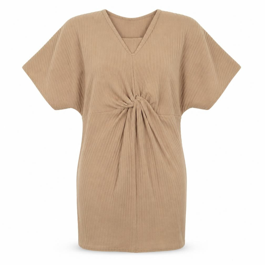 Front view of Boohoo women’s beige polyester mini, size UK 10, v-neck