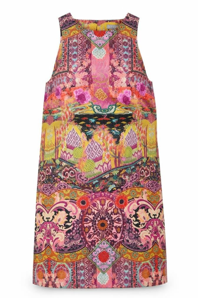 Front view of women’s pink geometric polyester shift, size M, round neck