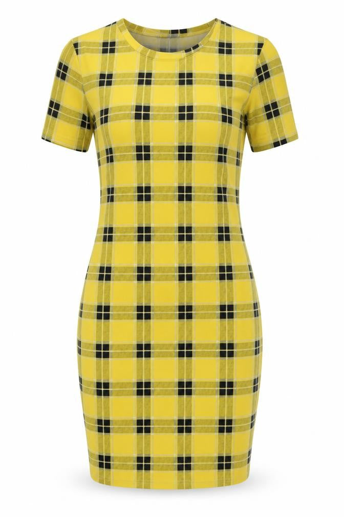 Front view of H&M women’s yellow check cotton bodycon, size XS, round neck