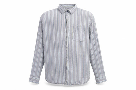 Front view of Debenhams men’s blue striped cotton button-up, size L, collared button