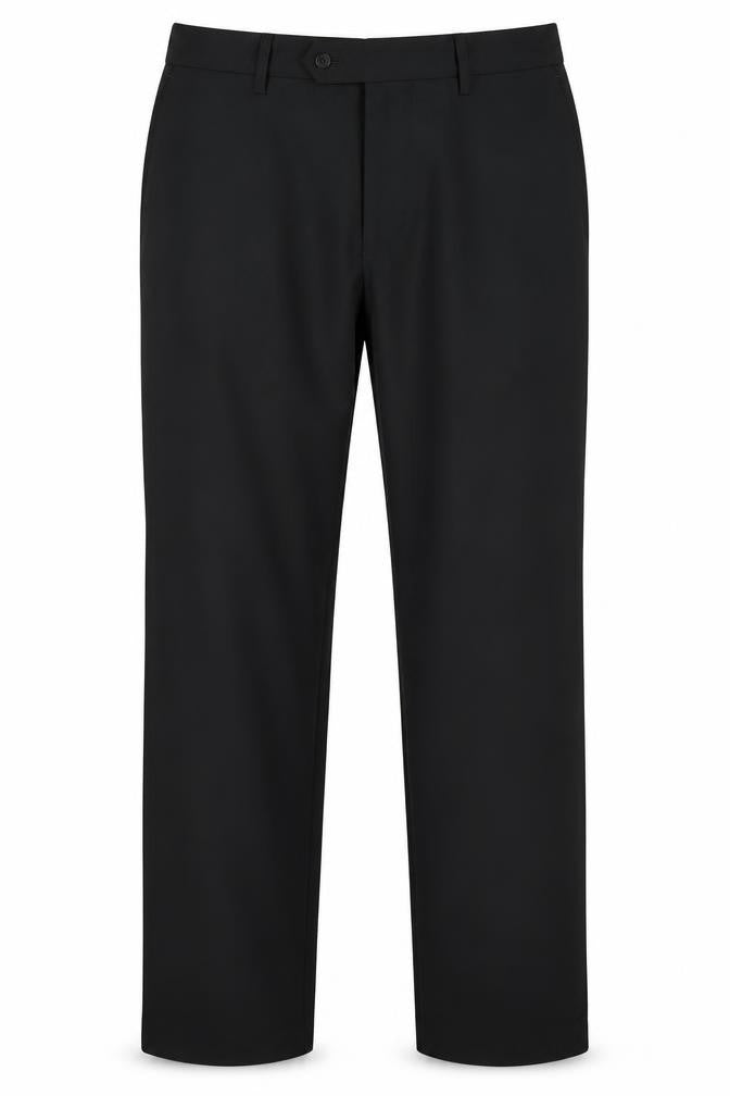 Front view of ONESIX5IVE men’s black polyester trousers, size 32, 31-inch leg regular button