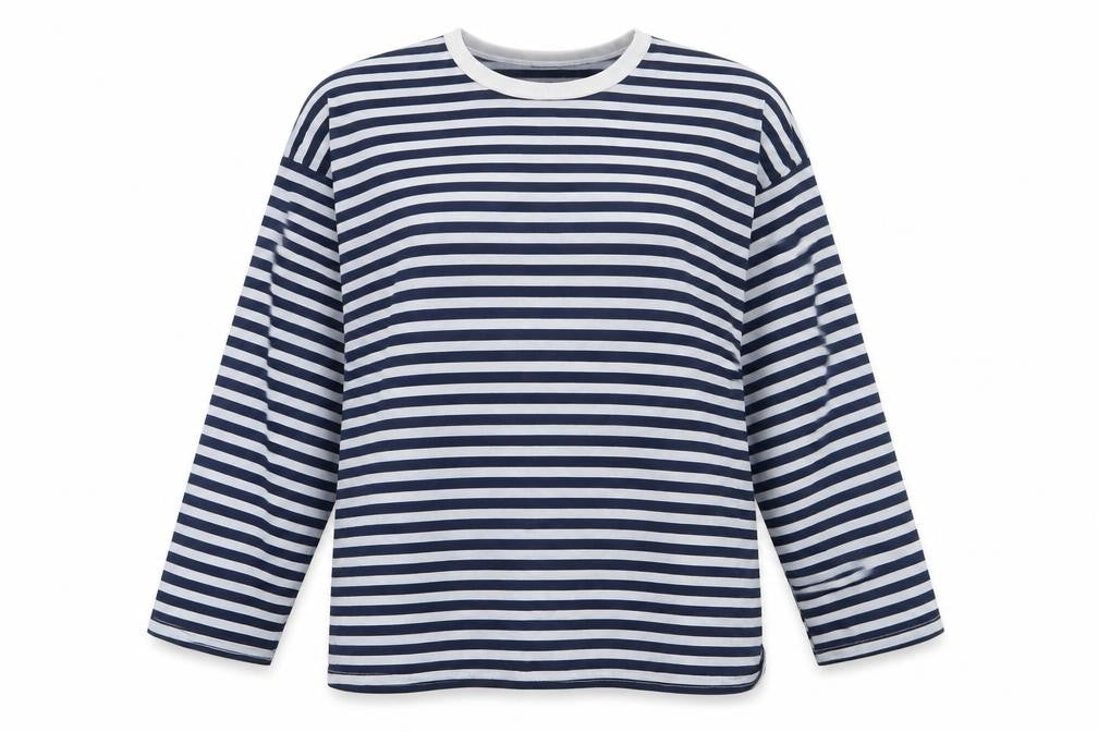 Front view of I SAW IT FIRST women’s blue striped polyester pullover sweatshirt, size UK 8, pullover