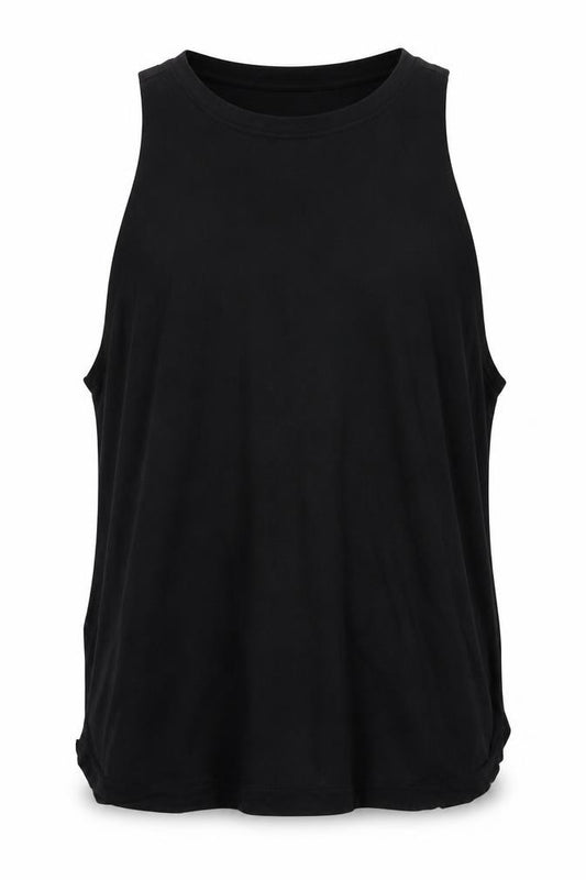 Front view of men’s black polyester basic tank, size M, scoop neck pullover