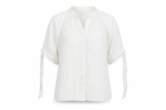 Front view of H&M women’s white polyester basic button-up, size UK 8, v-neck