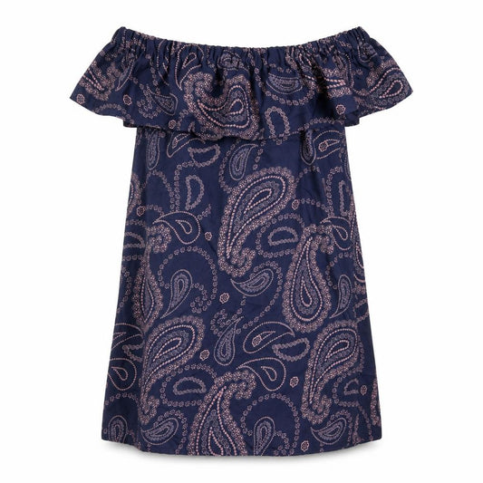 Front view of Primark women’s blue paisley polyester a-line, size UK 12, off the shoulder pullover