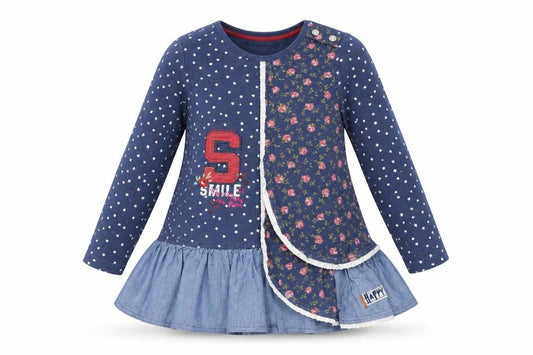 Front view of Next boys’ blue geometric cotton t-shirt dress, size 18-24, months round neck pullover