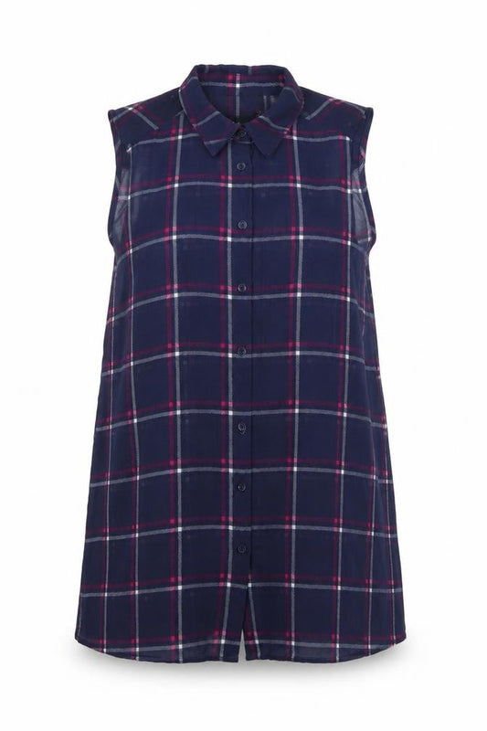 Front view of New Look women’s blue check polyester basic button-up, size UK 8, collared