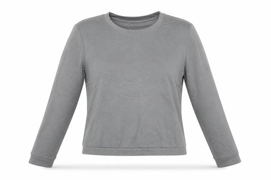 Front view of PRETTYLITTLETHING women’s grey striped polyamide cropped t-shirt, size L, crew neck