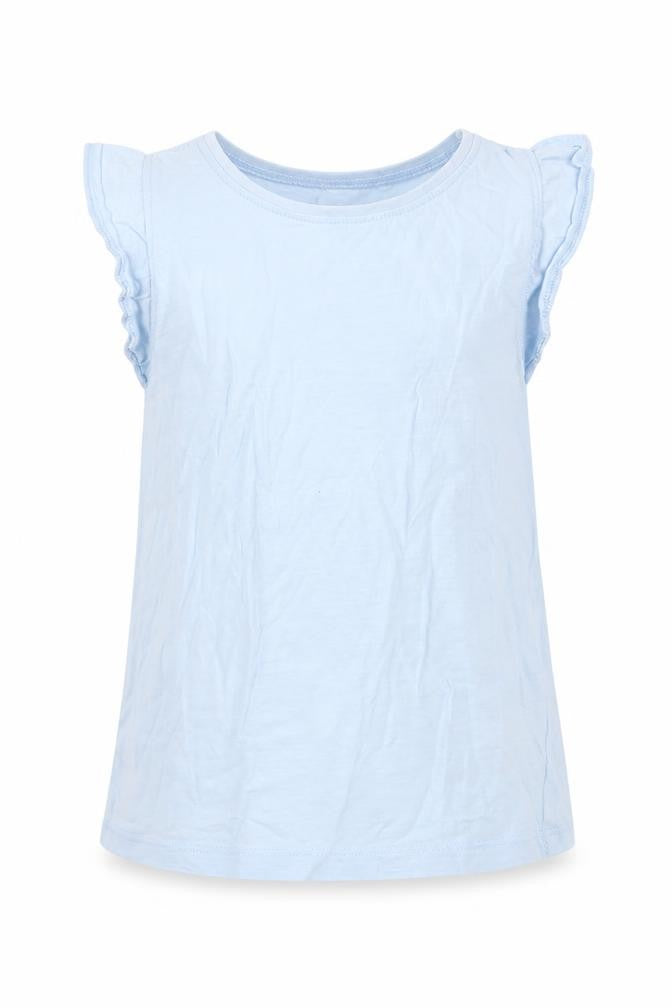 Front view of Next girls’ blue cotton basic tank, size 6-7, years off the shoulder pullover