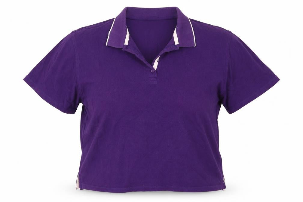 Front view of EWM women’s purple cotton cropped polo, size XL, collared