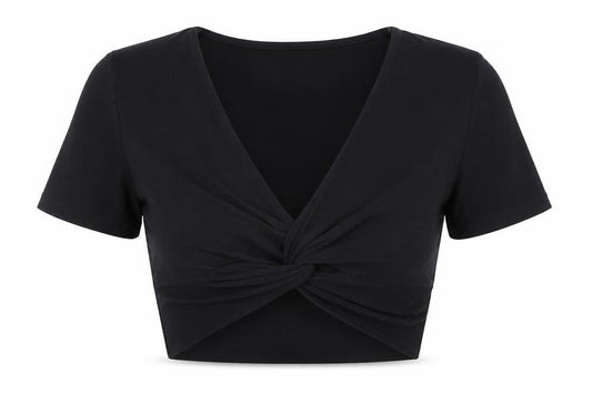 Front view of PRETTYLITTLETHING women’s black polyester cropped t-shirt, size UK 6, v-neck
