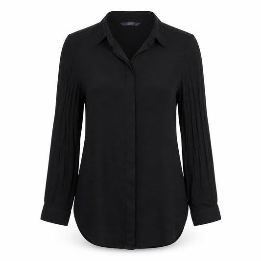 Front view of Marks & Spencer women’s black polyester basic button-up, size UK 8, collared