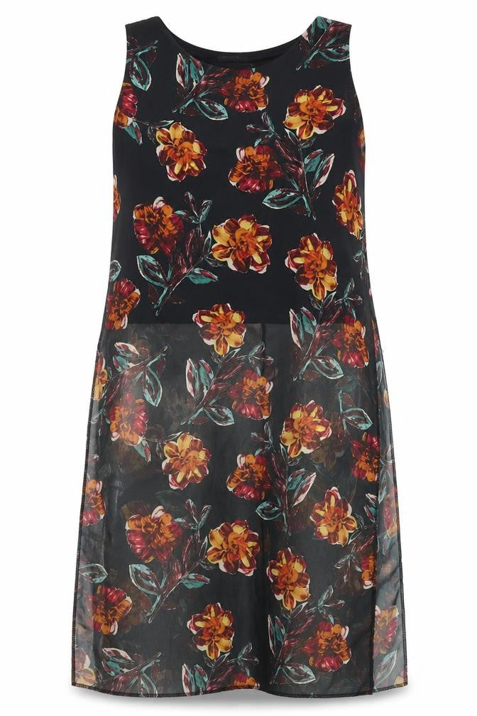 Front view of Urban Diva women’s black floral polyester basic blouse, size UK 14, round neck - longline