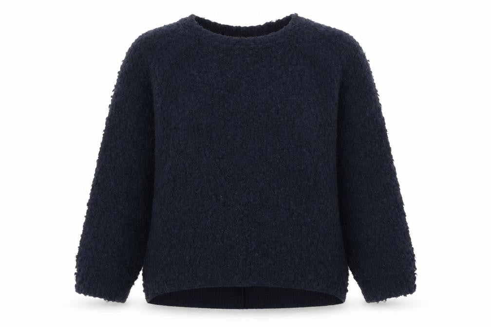 Front view of Topshop women’s blue crew neck acrylic jumper, size UK 8