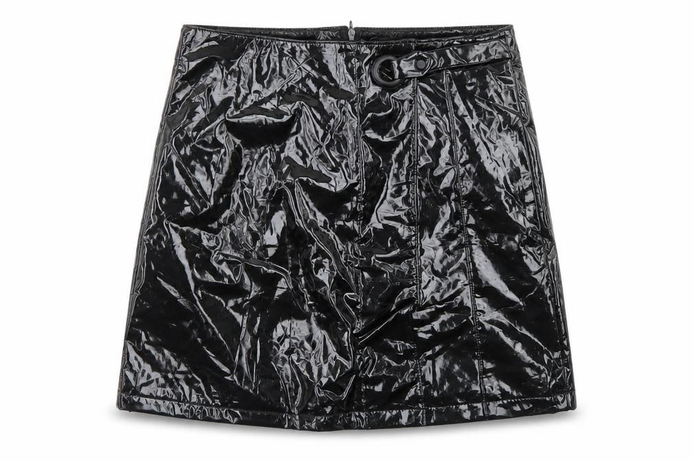 Front view of Urban Bliss women’s black polyurethane a-line skirt, size UK 8, zip