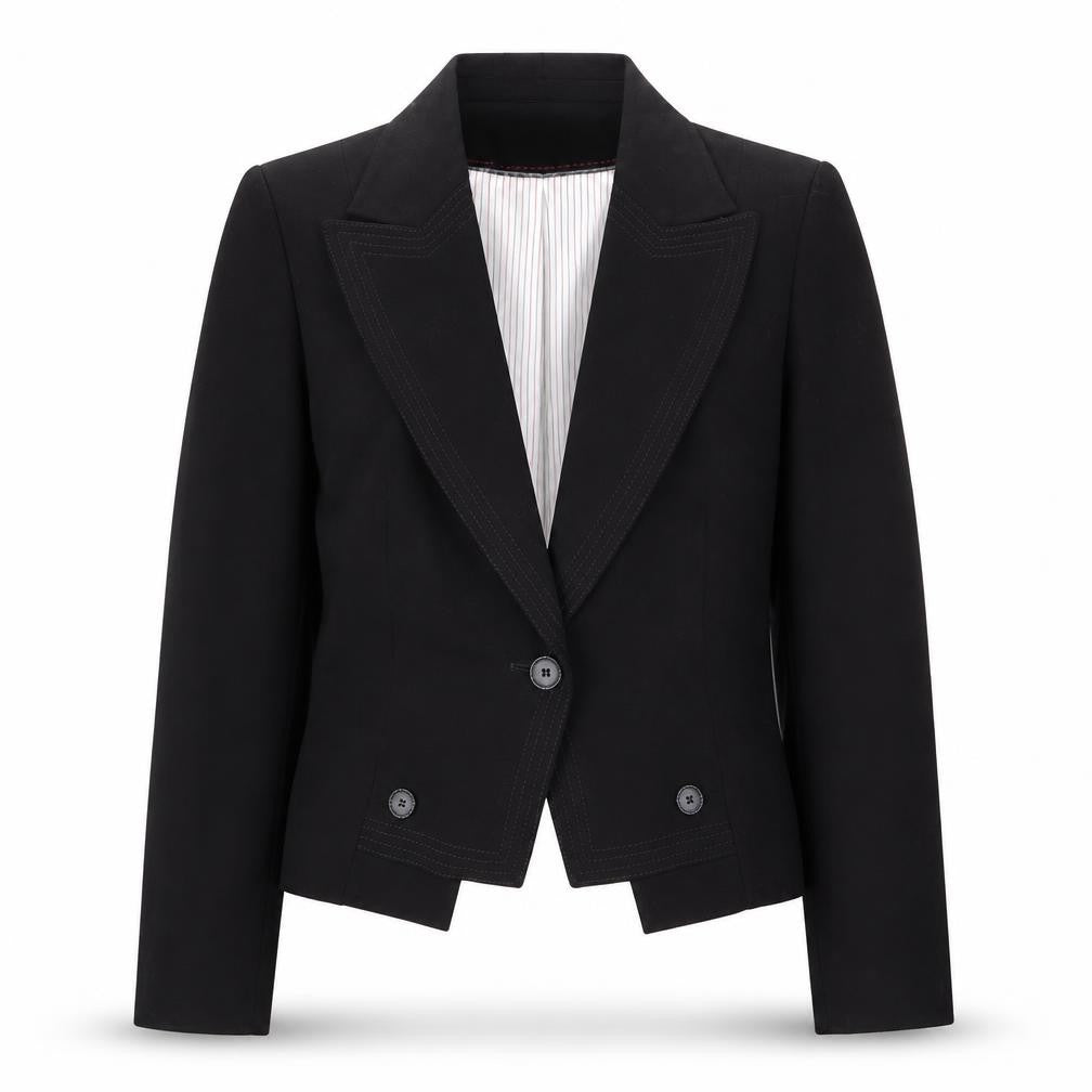 Front view of Next women’s black vinyl jacket blazer, size UK 12