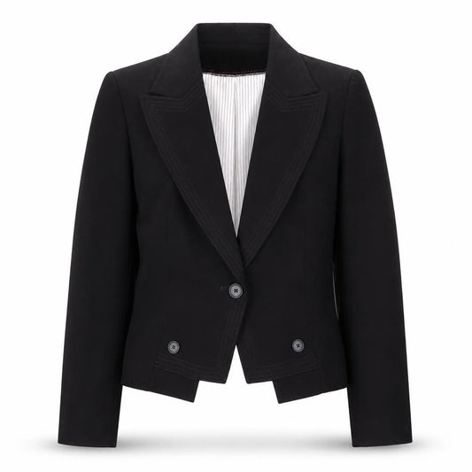 Front view of Next women’s black vinyl jacket blazer, size UK 12