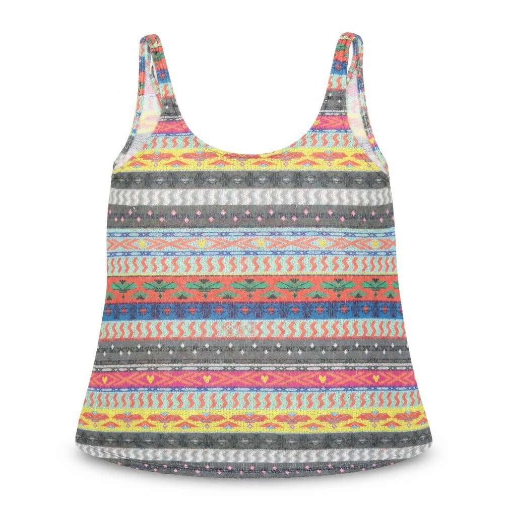 Front view of Zara women’s multicoloured geometric polyester basic tank, size M, scoop neck