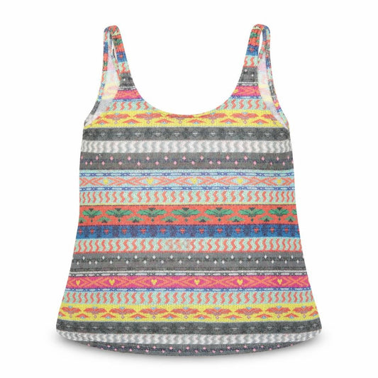 Front view of Zara women’s multicoloured geometric polyester basic tank, size M, scoop neck