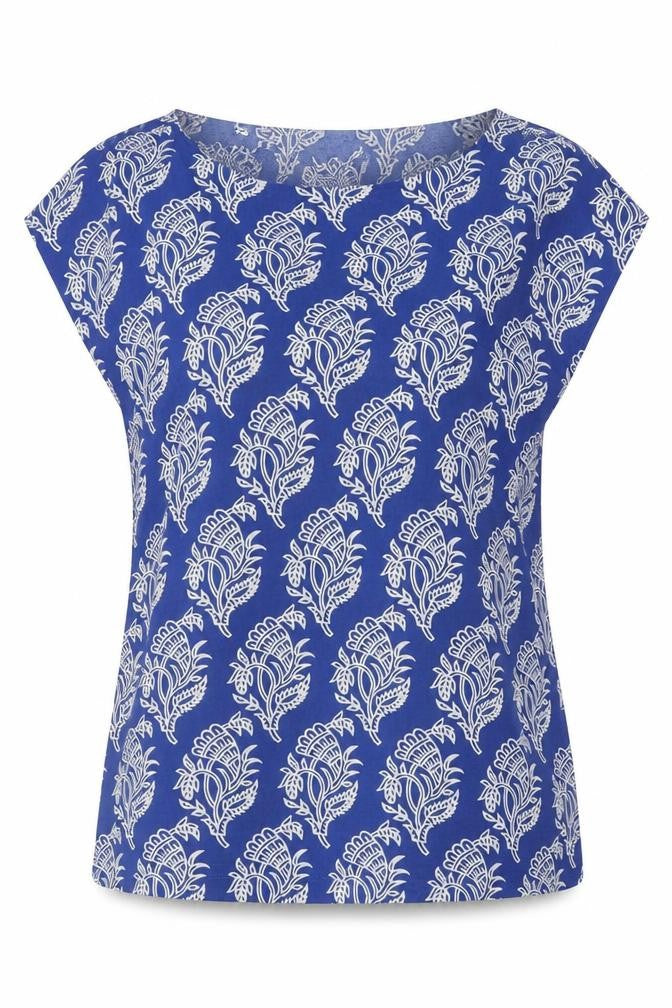 Front view of Originals women’s blue floral polyester basic blouse, size UK 12, round neck