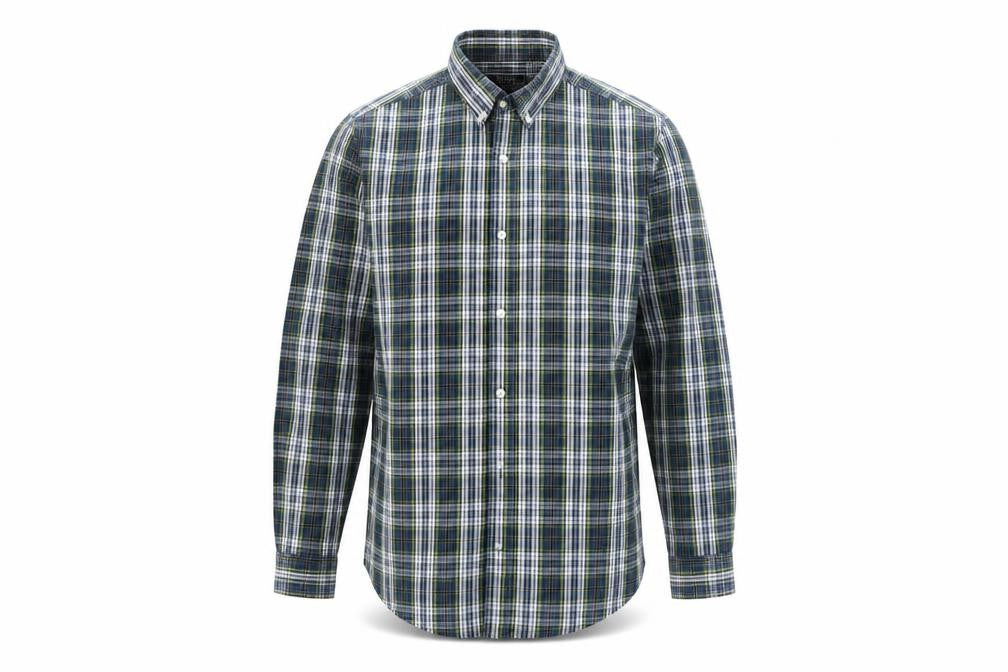 Front view of Maine New England men’s multicoloured plaid cotton button-up, size L, collared