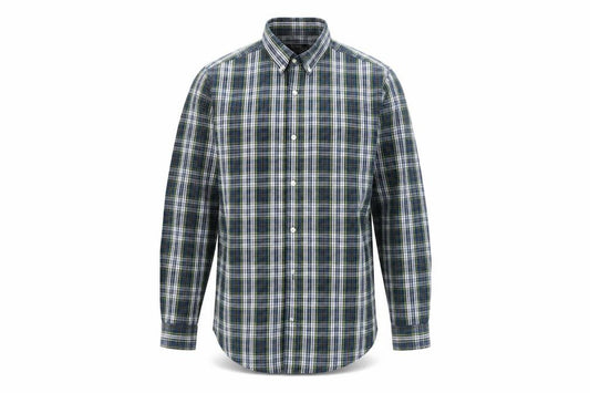 Front view of Maine New England men’s multicoloured plaid cotton button-up, size L, collared