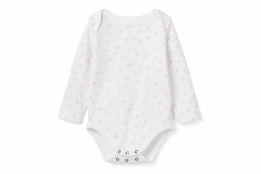 Front view of Nutmeg girls’ white floral cotton leotard one-piece, size 12-18, months