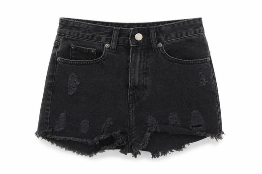 Front view of In the Style women’s black cotton cut-off shorts, size UK 6, 3-inch leg regular