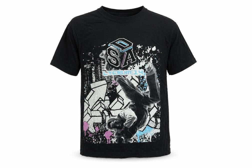 Front view of SG boys’ black cotton basic t-shirt, size 11-12, years round neck