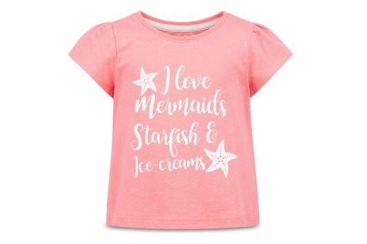 Front view of Primark girls’ pink polyester basic t-shirt, size 9-12, months round neck - mermaids