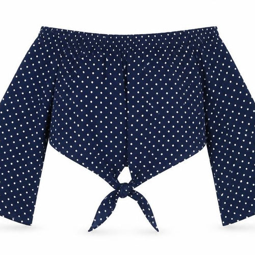 QED London Womens Blue Polka Dot Polyester Cropped Blouse Size 10 Off the Shoulder