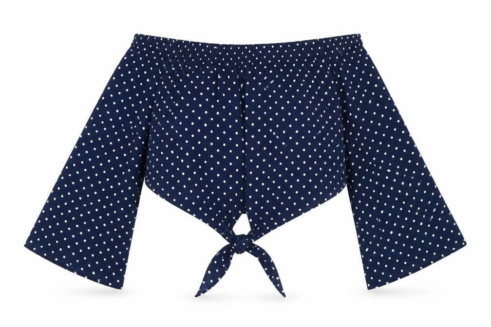 QED London Womens Blue Polka Dot Polyester Cropped Blouse Size 10 Off the Shoulder