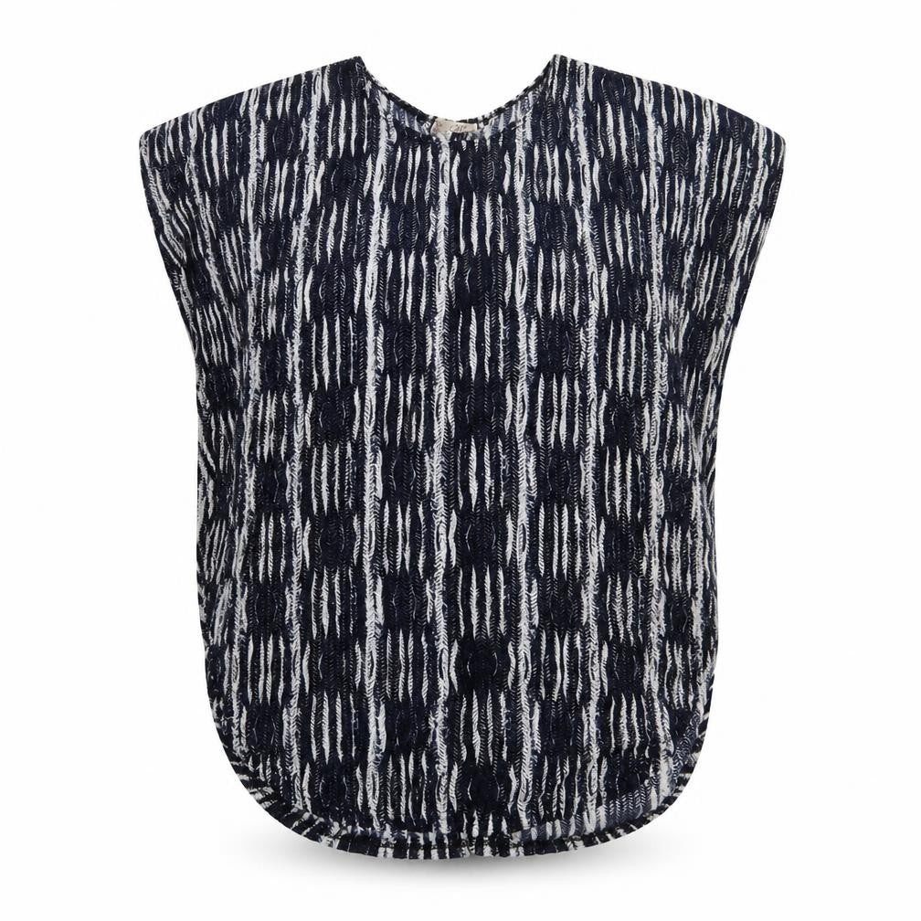 Front view of Preworn women’s blue crew neck geometric polyester cape jumper, size M