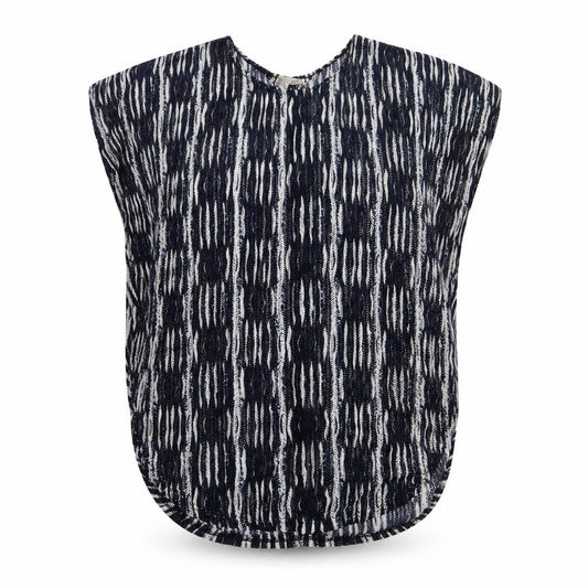 Front view of Preworn women’s blue crew neck geometric polyester cape jumper, size M